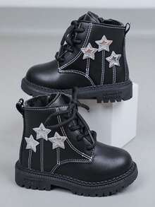 Girls' Star Pattern Thermal-Lined Boots, New Autumn/Winter British Style Soft Sole Anti-Slip Ankle Boots, Baby Toddler Warm Boots With Side Zipper Design For Easy On/Off, Versatile Wear-Resistant For Daily And Outdoor Use - Black - View 4