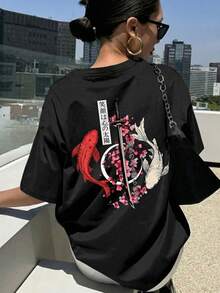 Women's Black Short-Sleeved Crew Neck T-Shirt With Koi Carp Print, Versatile Casual Japanese Style Top, Suitable For Everyday Summer Wear - 黑色 - 查看 1