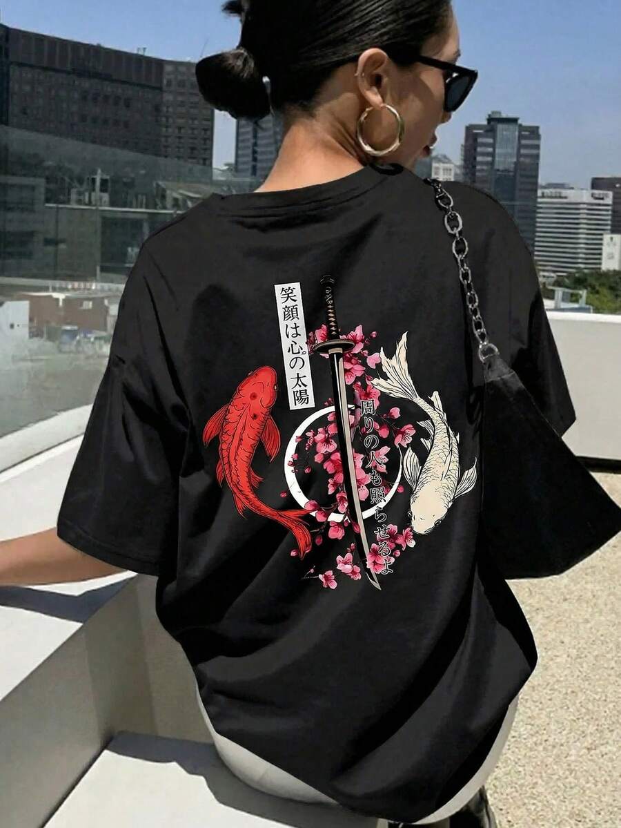 Women's Black Short-Sleeved Crew Neck T-Shirt With Koi Carp Print, Versatile Casual Japanese Style Top, Suitable For Everyday Summer Wear - 黑色 - 查看 1