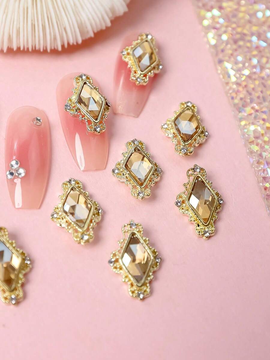 10入優雅奢華金屬鍍金復古方框美甲飾品,鑲嵌香檳色水晶與水鑽,精緻3D美甲裝飾美甲用品美甲寶石 - 香檳色 - 查看 1