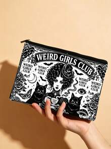Weird Girls Club 復古哥德風黑貓與玫瑰印花化妝包，便攜拉鍊旅行化妝收納袋，適用於護膚品、珠寶和小配件 - 彩色 - 查看 4