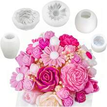 5件組花卉蠟燭模具套裝，3D花朵矽膠蠟燭模具，適用於蠟燭製作，包含雛菊、牡丹、玫瑰、鬱金香花卉模具，適用於手工皂、蠟塊、環氧樹脂鑄造，母親節禮物，易脫模 - 白色 - 查看 1