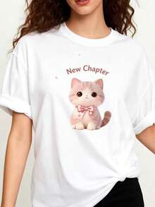 Camisetas de mujer de talla grande 100% algodón, con diseño de gato y lazo rosa - camiseta casual de cuello redondo, adecuada para primavera y verano, regalo de graduación, perfecta para ama - Blanco - Ver 1