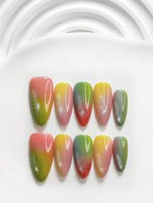 10件夏季手工穿戴式美甲，Polygel美甲套裝，彩色貓眼，粉色與黃色指甲油，極簡風格，含美甲工具，3種尺寸可選：方形、短方形、杏仁形，適合派對、跳舞、日常配戴 - 彩色 - 查看 20