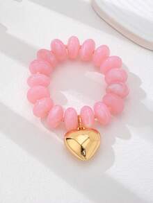 1 Peça Pulseira Elástica com Contas Multicoloridas Feita à Mão, Pulseira com Contas Redondas de Acrílico com Pingente de Coração Banhado a Ouro, Joia de Destaque Empilhável para Mulheres - Multicolorido - Visão 8