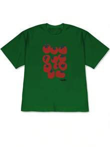 Camiseta de manga corta con estampado de tomates pequeños, estilo casual – Tejido, perfecta para el verano, moda femenina cómoda – Suave y transpirable, atuendo informal. - Rojo - Ver 7
