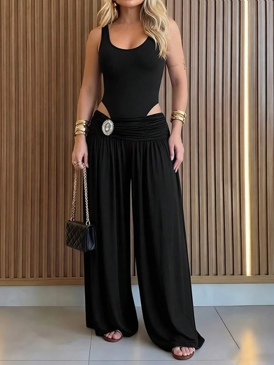 ChicMe Women 2 Pieces Outfits Sleeveless Slim Fit Bodysuit With Rhinestone High Waist Ruched Wide Leg Pants Set Tracksuit Clubwear - Black - View 1