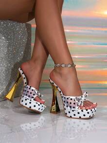 Women's Thick Platform Square Toe White Bow Party High Heel Sandals, Suitable For Going Out - White - View 6
