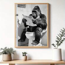 2D Flat 2D Art 1pc Unframed Gorilla Sitting On Toilet Reading Newspaper Vintage Style Canvas Print - 30.48X40.64cm Unframed Bathroom Wall Art, Home And Office Humorous Animal Decor, Mother's Day Gift, Apartment Decoration - C - View 6