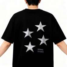 Camiseta Unisex con Estampado de Estrellas Brillantes, Estilo Minimalista, Ropa Casual Versátil para Uso Diario, Envío Local en México - Negro - Ver 1