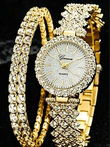 2PCS Women's Rhinestone-Accented Gold-Tone Steel Watch & Bracelet Set – Affordable Luxury Gift For Birthdays Or Graduations - Gold - View 7