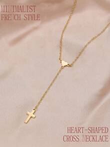 1pc Stainless Steel French Y-Shaped Cross Heart Necklace, Suitable For Women, Cross Symbolizes Peace And Protection, Heart Represents Abundant Love, Korean Style Gentle, Daily Basic Sweet Cool Girl, Daily Commute Accessory, Niche Gift, Best Friend Gift, Couple Anniversary, Date Outfit, Student Affordable Jewelry, Religious Style Matching Item - Heart-shaped Cross - View 1