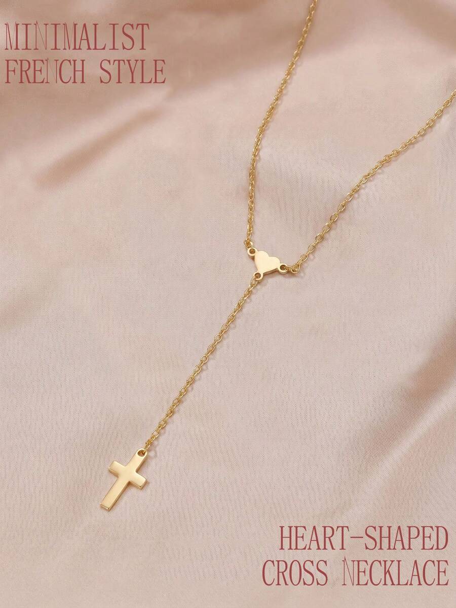 1pc Stainless Steel French Y-Shaped Cross Heart Necklace, Suitable For Women, Cross Symbolizes Peace And Protection, Heart Represents Abundant Love, Korean Style Gentle, Daily Basic Sweet Cool Girl, Daily Commute Accessory, Niche Gift, Best Friend Gift, Couple Anniversary, Date Outfit, Student Affordable Jewelry, Religious Style Matching Item - Heart-shaped Cross - View 1