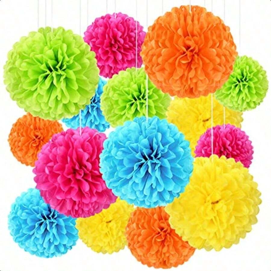 15件組 3D 紙花球吊飾套裝(隨機配色)厚實可彎曲手工紙,易組裝,節日派對背景牆面裝飾 - 彩色 - 查看 1