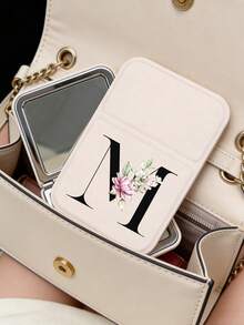 White Mini Initial Folding Portable Makeup Mirror, Printed With Purple Flowers A-Z Letters, With Stand Makeup Mirror, Travel Mirror, Beauty Product, Desktop Makeup Mirror, Rectangular Desktop Compact Makeup Mirror, Foldable Small Minimalist Makeup Mirror, Student Dorm Back To School Mirror, Back To School Gift, Travel Portable Makeup Mirror, Suitable For Women Gifts - Back To School Season, Best Gift For Teachers - Multicolor - View 2