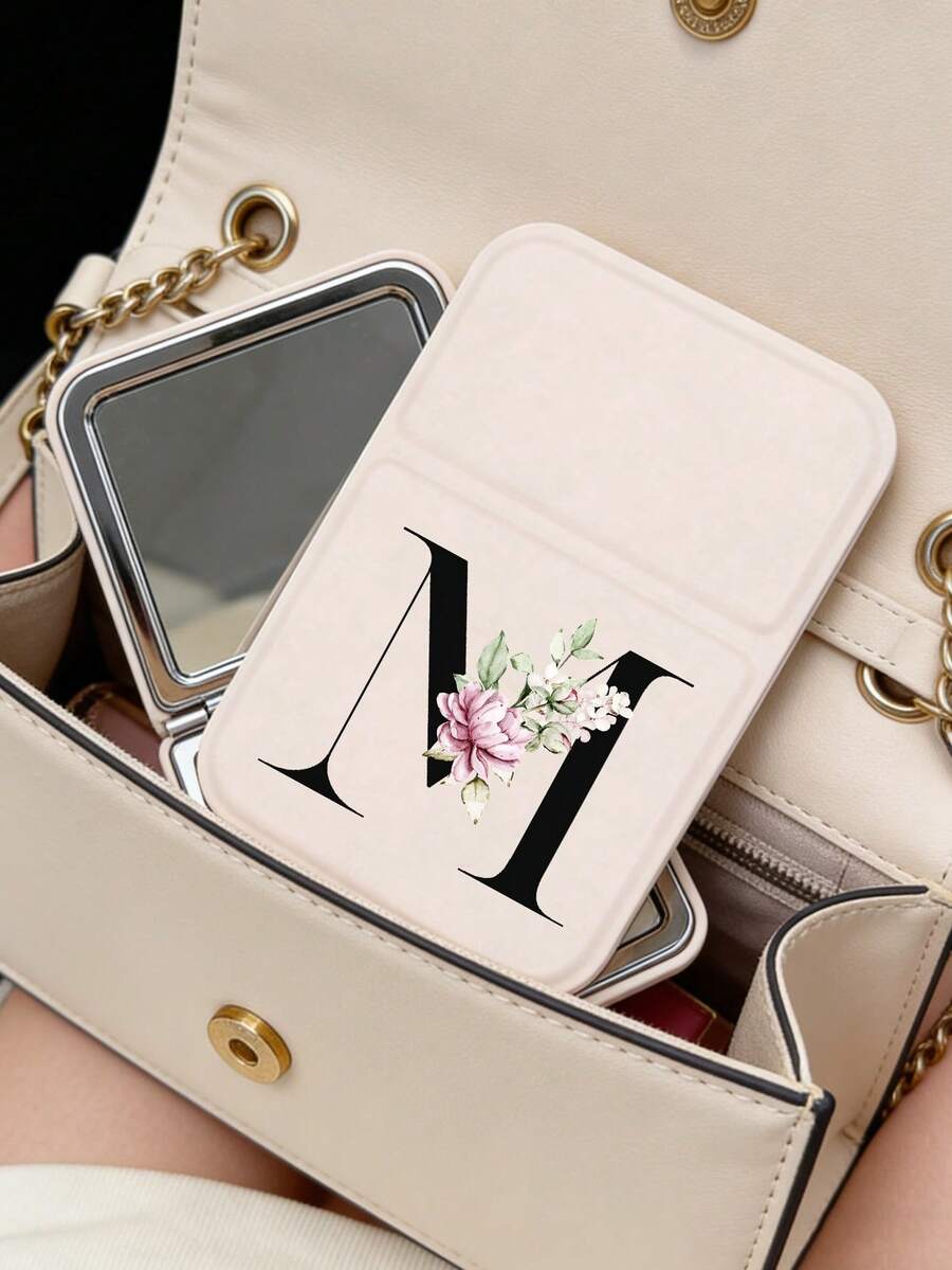 White Mini Initial Folding Portable Makeup Mirror, Printed With Purple Flowers A-Z Letters, With Stand Makeup Mirror, Travel Mirror, Beauty Product, Desktop Makeup Mirror, Rectangular Desktop Compact Makeup Mirror, Foldable Small Minimalist Makeup Mirror, Student Dorm Back To School Mirror, Back To School Gift, Travel Portable Makeup Mirror, Suitable For Women Gifts - Back To School Season, Best Gift For Teachers