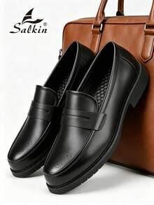 Salkin 時尚復古設計師男士樂福鞋一腳蹬便士紳士皮鞋布洛克優雅尖頭商務正裝鞋男士社交鞋素色鞋面防滑耐磨底日常休閒鞋男士開學季大學風學生鞋畢業典禮日常西裝百搭派對宴會婚禮時尚新郎鞋四季男鞋節日禮物，尺寸偏大，請選擇小一號 - 黑色 - 查看 7