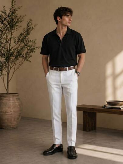 Calça Social Masculina Slim Fit Alfaiataria Executiva Esporte Fino Formal com Barra em Overloque e Bolsos Sem elasticidade