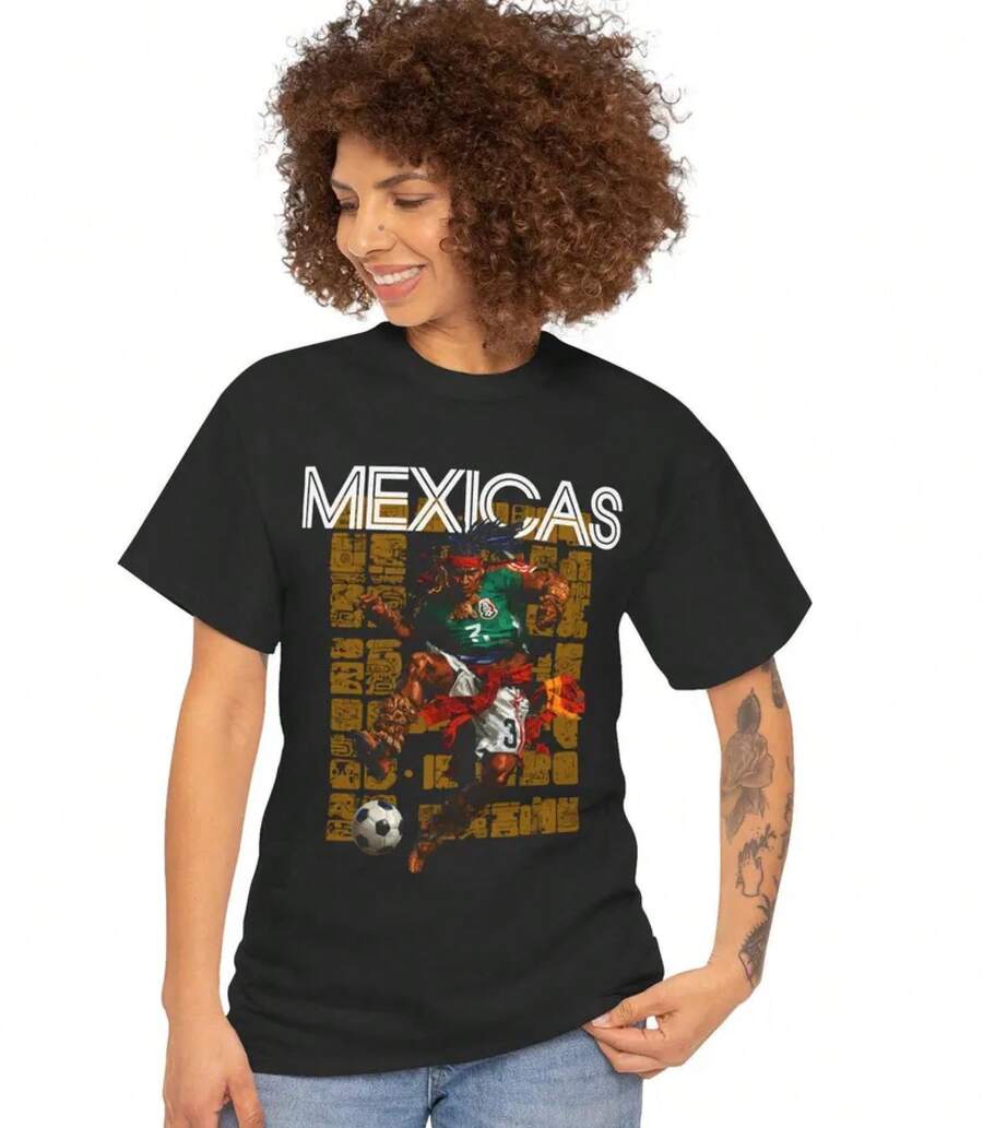 Camiseta unisex de algodón grueso de la selección de fútbol de México, camiseta de la Copa 2026, camiseta de fútbol, camiseta de México, regalo para fanáticos del deporte, indígena, - Negro - Ver 1