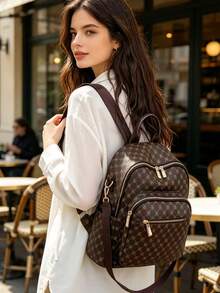 Large Capacity Backpack For Women, Classic Solid Color Handbag For Ladies - Brown - View 9
