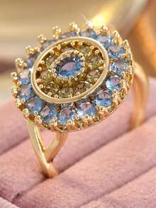 Bohemian Style Sunflower Design Double Layer Blue Synthetic Zirconia Inlaid Ring, Elegant Women's Ring, Sparkling Daily And Party Jewelry Accessory - Gold - View 8