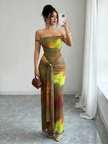 Vestido elegante de playa para mujer, vestido de malla con estampado de teñido anudado y ajustado de hombros descubiertos, para verano - Verde Oliva - Ver 1