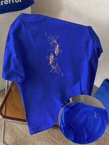 Camiseta de manga corta para hombre, con estampado de peces koi en ambas caras, cuello redondo, estilo casual deportivo, moda moderna, corte holgado, para estudiantes y adolescentes. - Negro - Ver 8