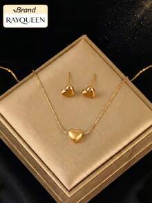 RAYQUEEN Minimalist Stainless Steel Perforated Small Heart-Shaped Fashion Versatile Heart Necklace And Stud Earrings Set Jewelry For Women, Suitable For Daily Wear - Gold - View 9