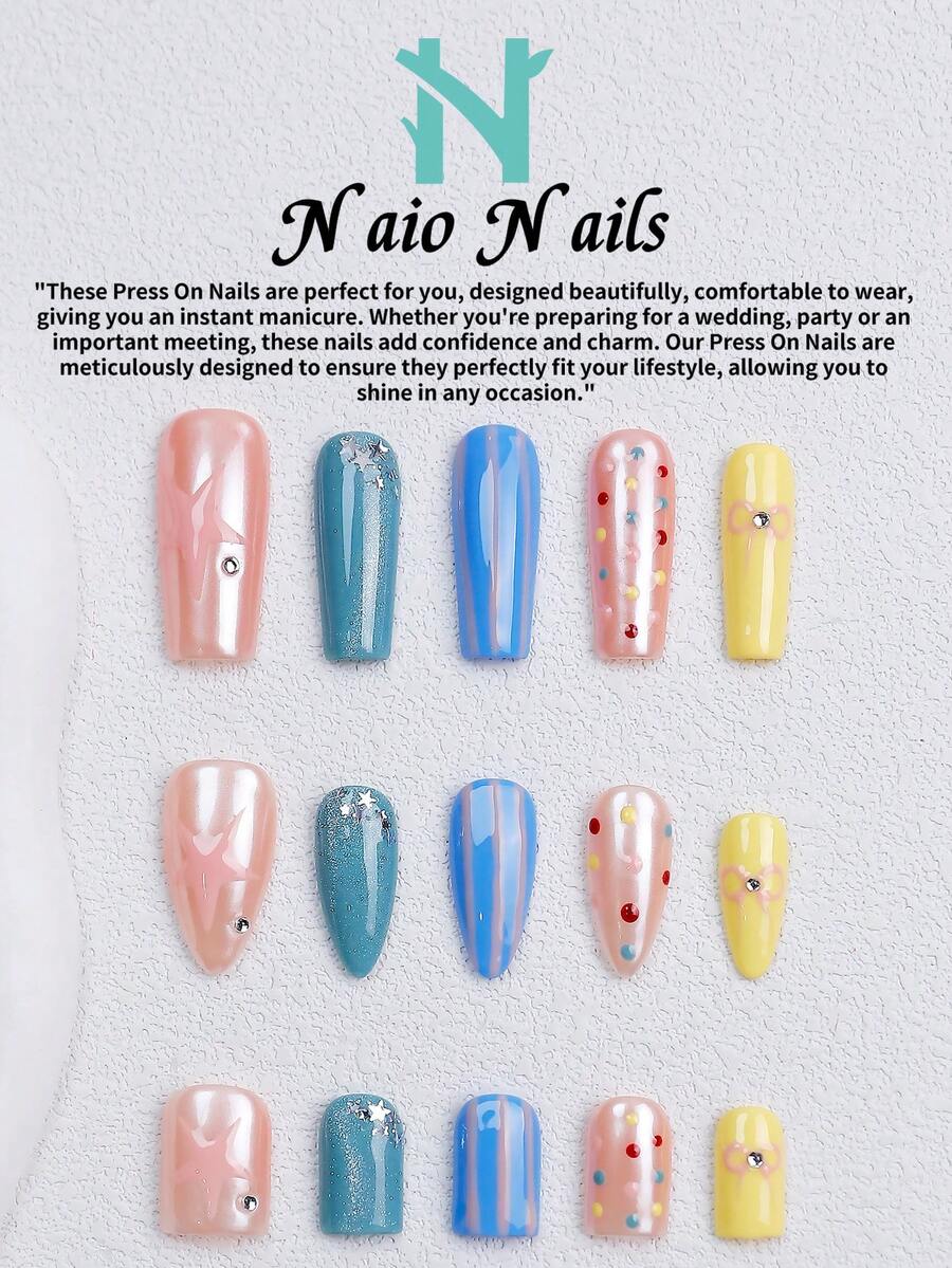 NAIO 10入手工壓接式假指甲,3種尺寸(棺材形/杏仁形/短方型),Y2K可愛風,粉藍黃閃亮星星、條紋、亮片圓點水鑽粉色蝴蝶結裝飾,附工具組,適合女性女孩日常派對穿搭,禮品美甲用品 - 彩色 - 查看 1
