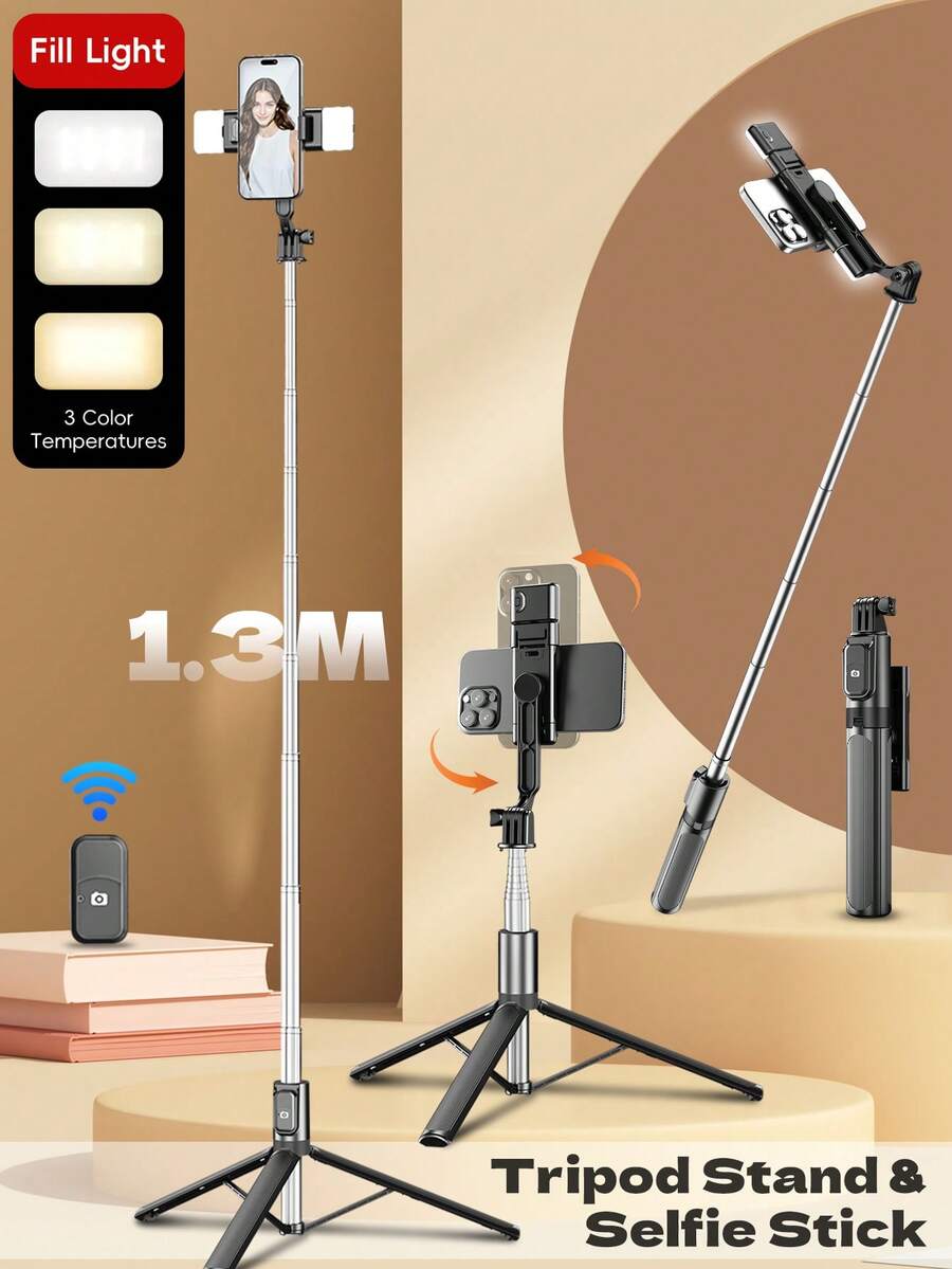 Portable Foldable 1.3 Meters Selfie Stick Tripod, Stainless Steel Telescopic Pole, Double-Sided 3-Color Adjustable Fill Light, Detachable Bluetooth Remote, 360° Adjustable Phone Holder, Stable Tripod Base, Suitable For Outdoor Travel, Vlog, Live Streaming, Desktop Content Shooting, Group Selfie - Multicolor - View 1