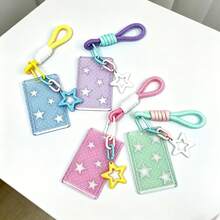 Lindo portatarjeta de identificación transparente con forma de estrella, ranura para foto, con colgante de estrella hueca, cuerda trenzada y tapa deslizante - A - Ver 2