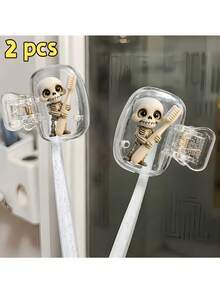 2pcs Portable Toothbrush Holders Featuring A "Skull Holding A Toothbrush" Design-Suitable For Home And Travel Use. Features Protective Case For Storage And Organization. Ideal For Home Use And Travel; A Stylish, Durable Oral Care Accessory.Halloween - A - View 9