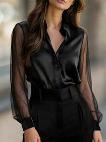 Camicetta elegante e versatile in chiffon semi-trasparente nero, di moda, adatta per primavera/estate - nero - Visualizzare 5