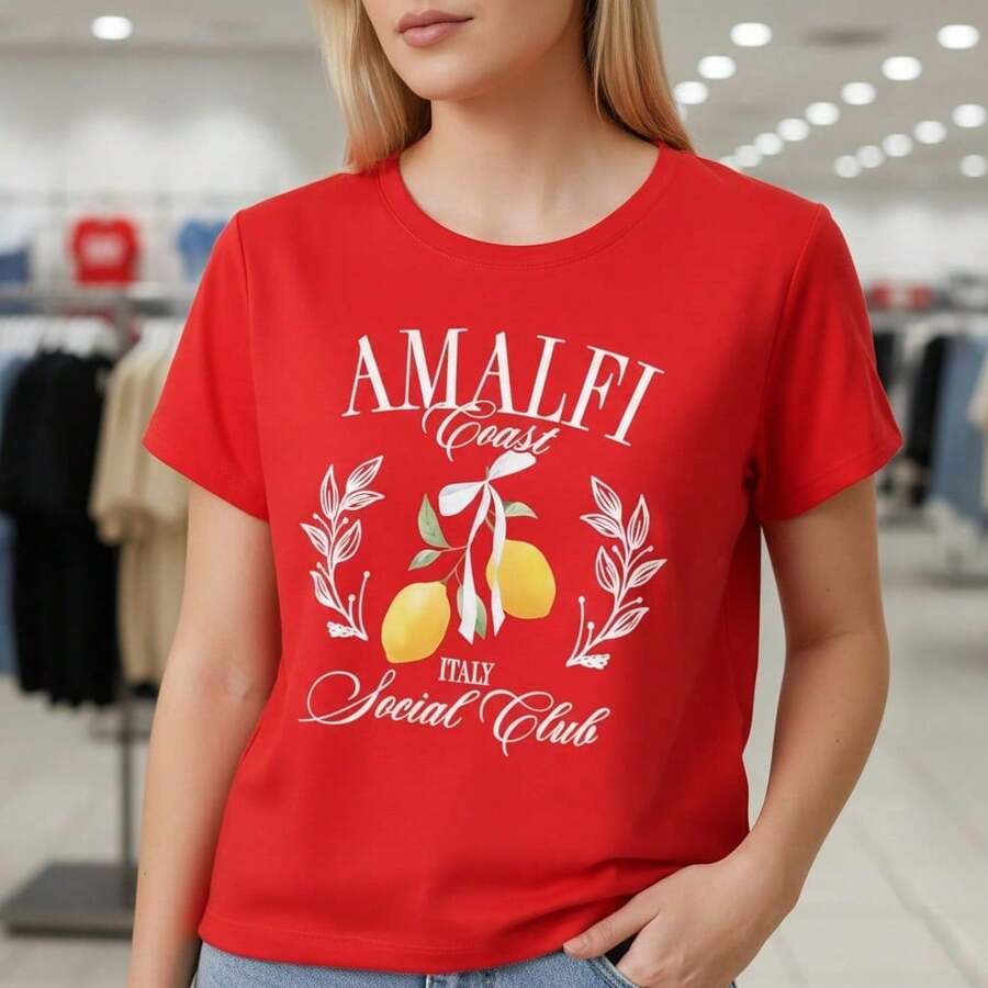 Stylish Everyday Outfits: Women's Amalfi Lemon Print Cotton T-Shirt, Short Sleeve, Round Neck, Casual Summer T-Shirt, Various Sizes, Soft Cotton - 紅色 - 查看 1