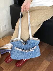 New Fashion Casual Solid Color Denim Fabric Tote Bag Star Pattern Pleated Fabric Women's Shoulder Bag - Blue - View 5