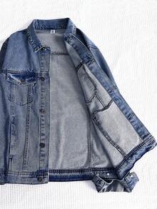 Classic Women's Denim Jacket Suitable For All Seasons. 100% Pure Cotton Vintage Washed Jacket. Loose Fit, Versatile And Casual Top - Dark Denim Blue - View 8
