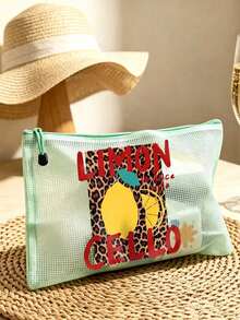 防水海灘化妝包，印有豹紋檸檬與「LIMON CELLO」文字，大容量透氣網格化妝包，便攜式化妝收納包，海灘盥洗包，夏季熱帶風旅行收納包，多功能盥洗包適用於游泳、度假、宿舍、浴室、化妝品、護膚品、配件、文具、海灘用品，可愛學院風，獨特教師節禮物、生日、節日、派對、度假、婚禮、返校禮物 - 彩色 - 查看 5