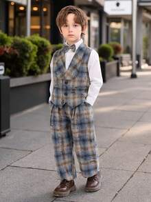 Young Boys 4-Piece Formal Suit Set Vest + Matching Pants + Exquisite Bow Tie + Matching Suspenders Suitable For Family Gatherings, Birthday Parties And Other Occasions High-End Suit - Blue - View 4