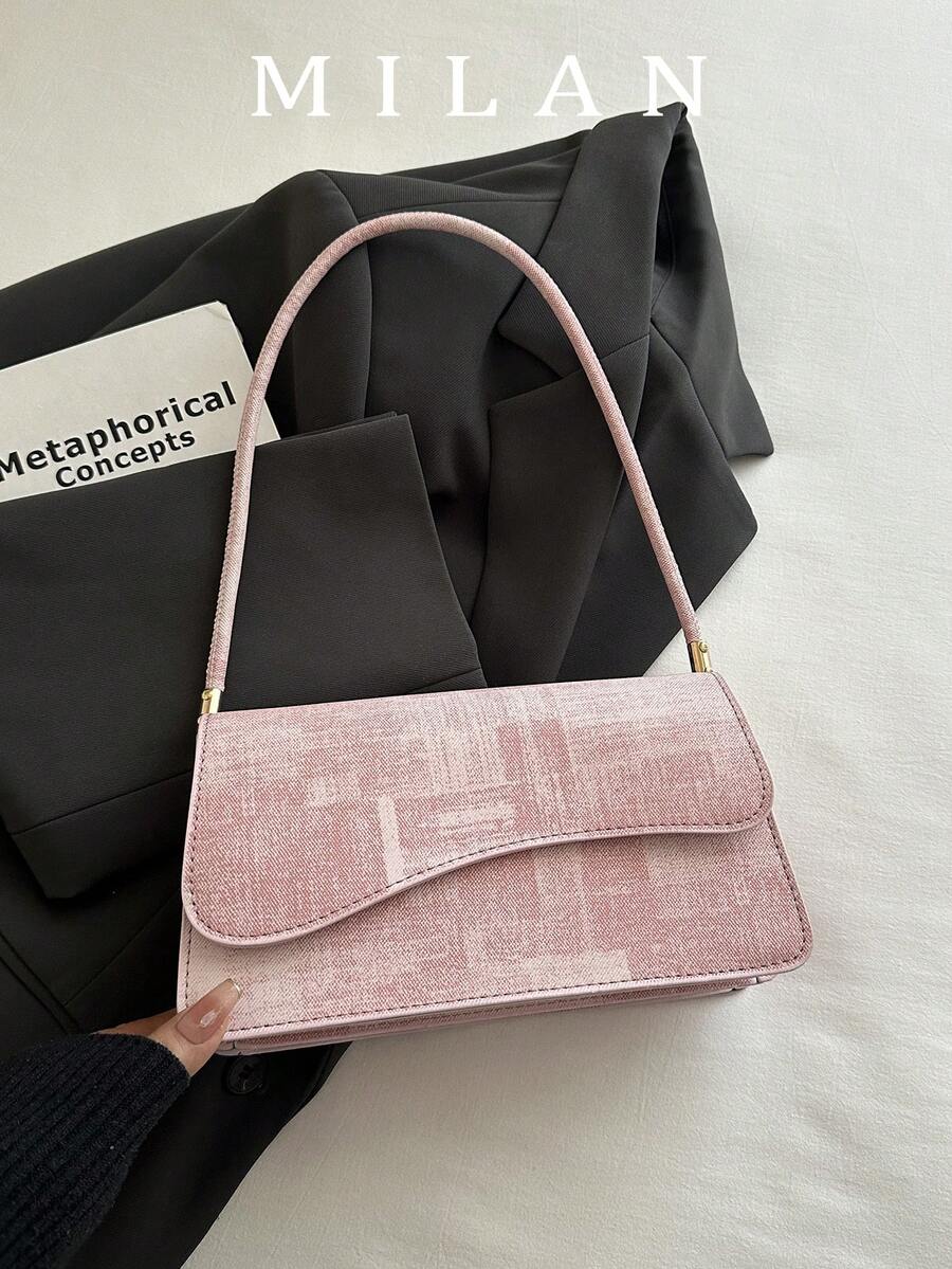 Fashionable Denim Texture Solid Color Asymmetrical Flap Retro Minimalist Elegant Shoulder Bag - Pink - View 1