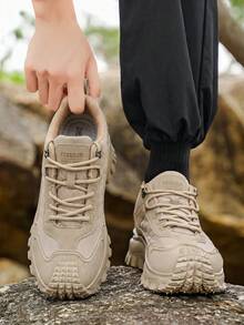 Solid Color Outdoor Lace-Up Hiking Shoes, All-Season Versatile Retro Round Toe Plus Size Street Style Thick Sole Work Boots For Men - Khaki - View 7