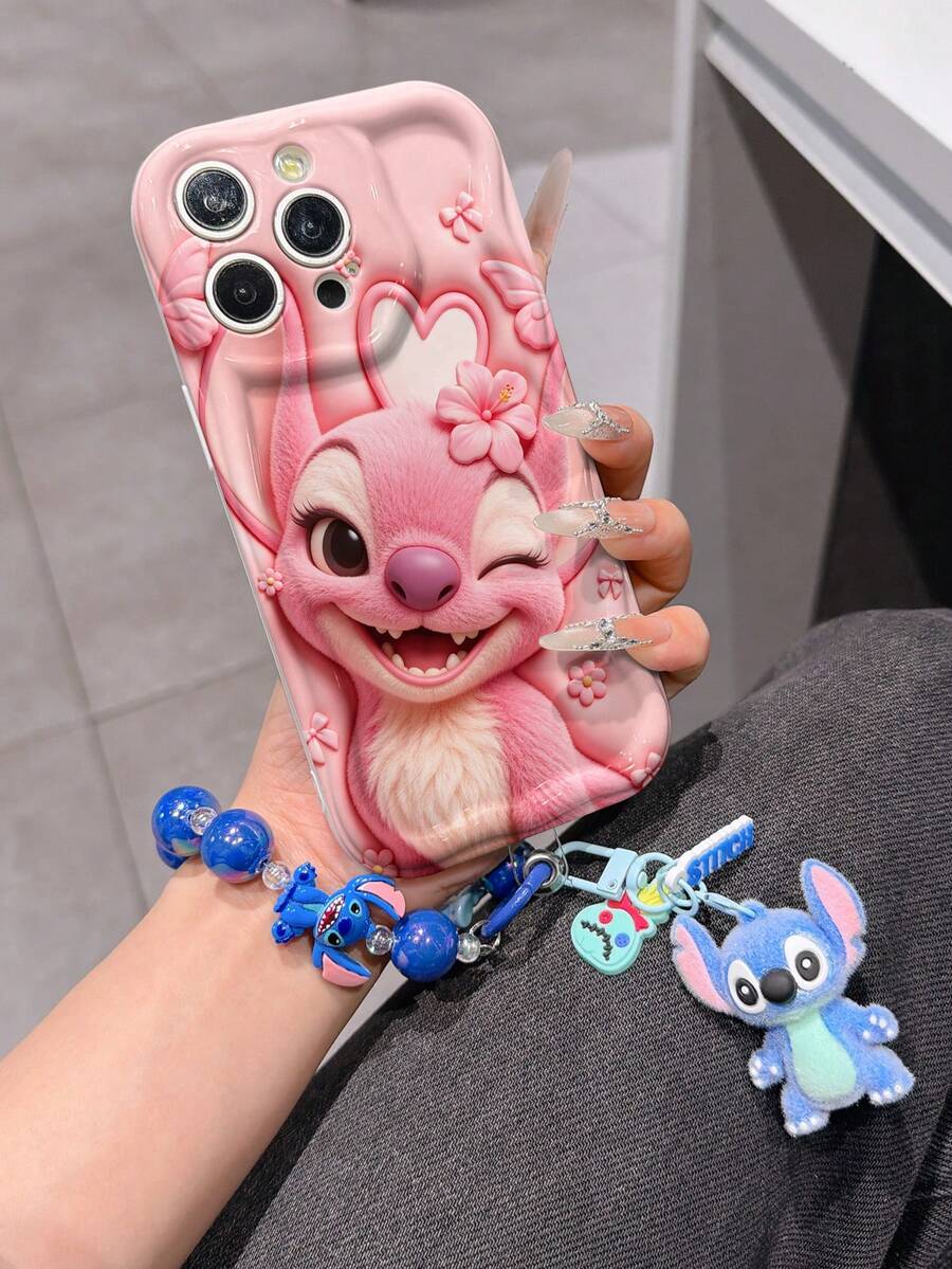 Disney Has Authorized, Phone Case - Chain Set, The Stitch Lilo & Stitch 3D Phone Case Plus A Silicone 3D Stitch Bracelet With Metallic Ring Removable Bracelet, Stitch And Angel Pattern, Compatible With Iphone17/16/15/14/13/12/12/XS/XR/X Plus Pro Max, A Stylish Cartoon Phone Case, The Perfect Gift Choice, Phone Protection, Durable Phone Cover, Great Gift For Friends And Family. - 白色 - 查看 1