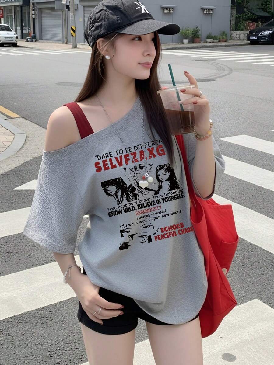灰色不對稱單肩短袖T恤,夏季新款美式辣妹風動漫角色印花修身短版休閒上衣,美學風格 - 淺灰色 - 查看 1