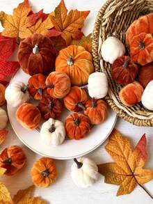 8/1pc Thanksgiving Artificial Pumpkin, Faux Velvet Pumpkin Orange Brown White Artificial Pumpkin Berry Maple Leaf Decoration, Autumn Table Centerpiece Decor, DIY Decoration, Autumn Harvest Festival Decoration, Halloween Decoration, Thanksgiving Decoration, Desktop Decoration, Thanksgiving Gift, Party Decoration, Home Decor - Velvet Pumpkin Ornament - View 7