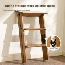 3-Tier Natural Bamboo Folding Step Stool Ladder Thick Solid Bamboo Portable - Brown - View 4
