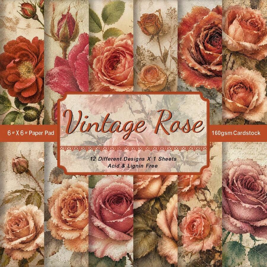 12 Sheets Vintage Rose Floral Scrapbooking Paper - Single-Sided Decorative Floral Handmade Paper, Suitable For Scrapbooking, Card Making, Junk Journals, Photo Albums And DIY Projects - Multicolor - View 1