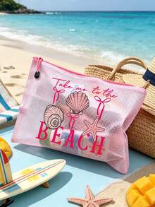 PVC 化妝包，多色防水時尚網格海灘包，印有「BEACH」海星圖案化妝包，海灘主題。大容量透明化妝包，尼龍拉鍊盥洗包，輕巧，可存放防曬霜、零食、比基尼和海灘必需品。春/夏收納，適用於游泳、度假、返校、宿舍日常使用 - 彩色 - 查看 6