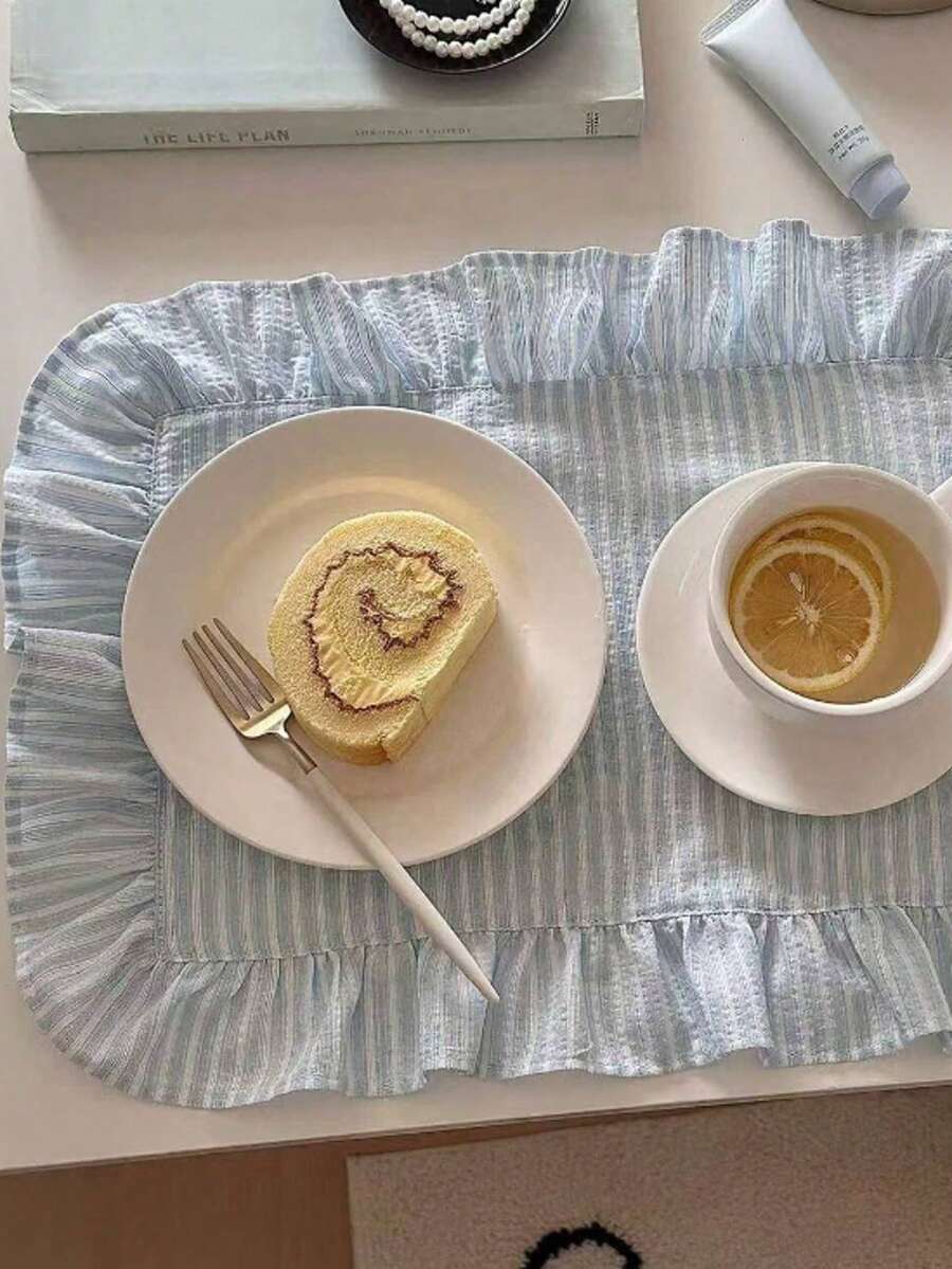 1pc/2pcs/6pcs French Blue & White Striped Floral Lace Edged Placemats, Delicate Ruffle Trim Tablecloth, Dust Cover - Multicolor - View 1