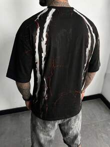 Krometka Men's Black Loose Fit T-Shirt, White & Red Claw Mark And Lightning Crack Print Crew Neck Short Sleeve Streetwear Top - Black - View 2