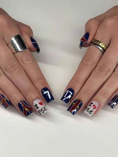24 Nail Art Pieces, American Art Style, French Style, Blue And Red Color Blocking, Numbers, Letters, Hearts, 3D Gold Stars, Suitable For Girls, Applicable To Various Occasions,Comes With 1 Piece Of Gel Polish And 1 Nail File. Nails