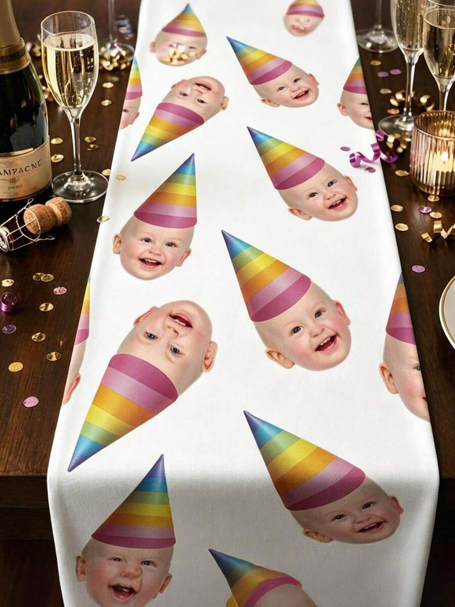 Customizable Table Runner (With Photo Customization Option), Dining Table Decoration And Tabletop Accent; Triangle Flag Style Design, Suitable For Birthdays, Parties, Anniversaries, Holidays And Various Other Occasions - Multicolor - View 1